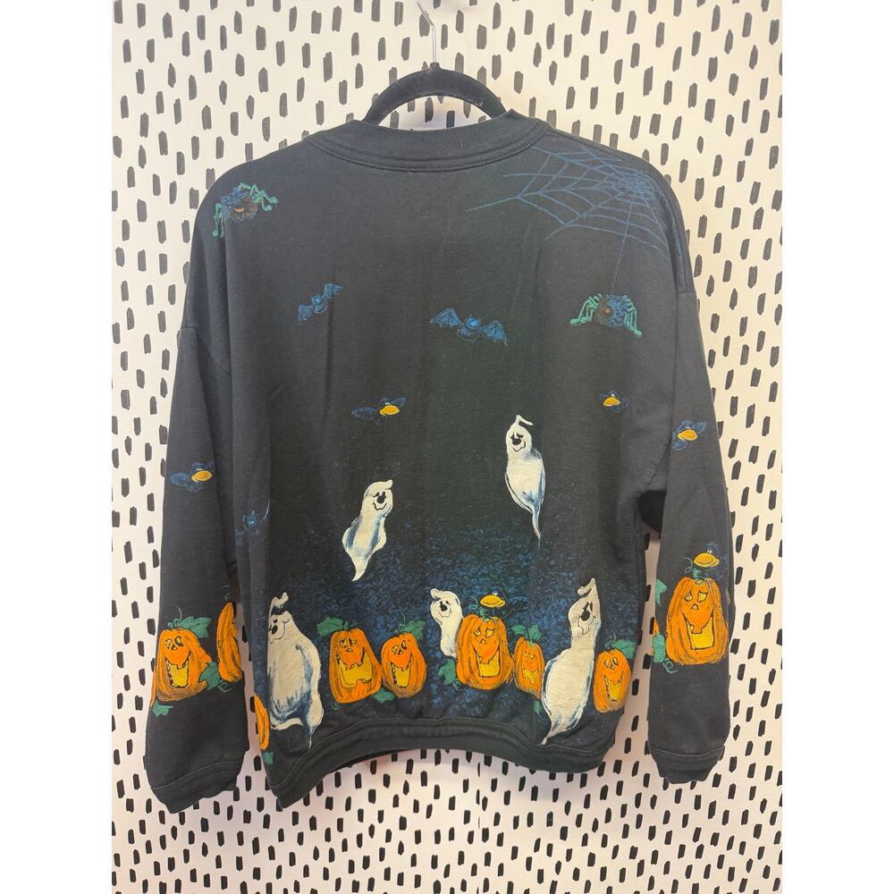 90s VINTAGE HAND PAINTED HALLOWEEN GHOST IN JACK O LANTERN crew SWEATSHIRT - Picture 10 of 11